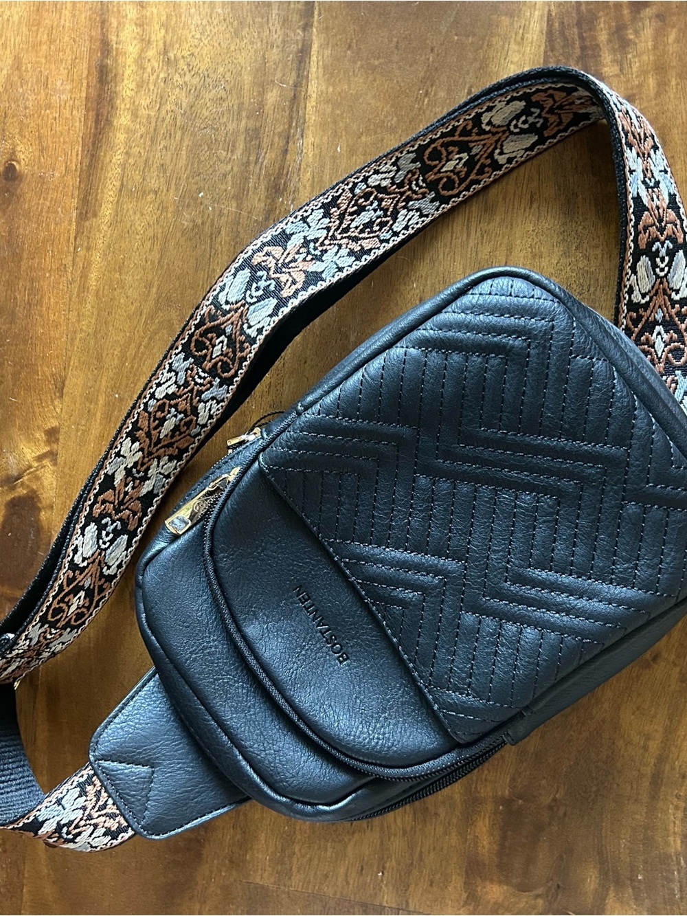 Black Quilted Crossbody Bag with Patterned Adjustable Strap